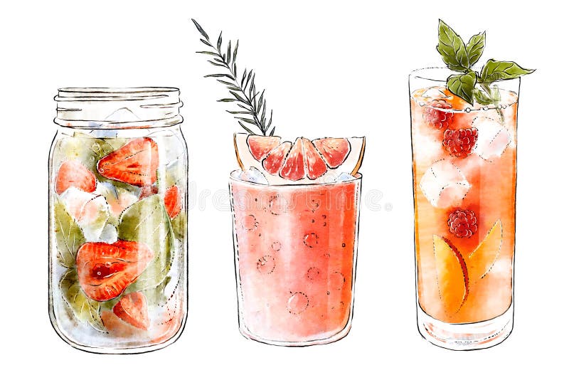 Insieme delle illustrazioni disegnate a mano variopinte dei cocktail deliziosi del fsummer con la frutta fresca e del ghiaccio ne illustrazione vettoriale Insieme delle illustrazioni disegnate a mano variopinte dei cocktail deliziosi del fsummer con la frutta fresca e del ghiaccio ne illustrazione vettoriale