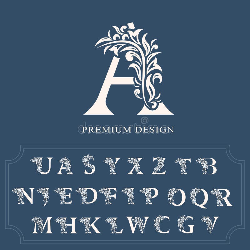 Insieme delle lettere eleganti Stile di lusso grazioso Bello logo calligrafico Emblema di alfabeto disegnato annata per progettaz