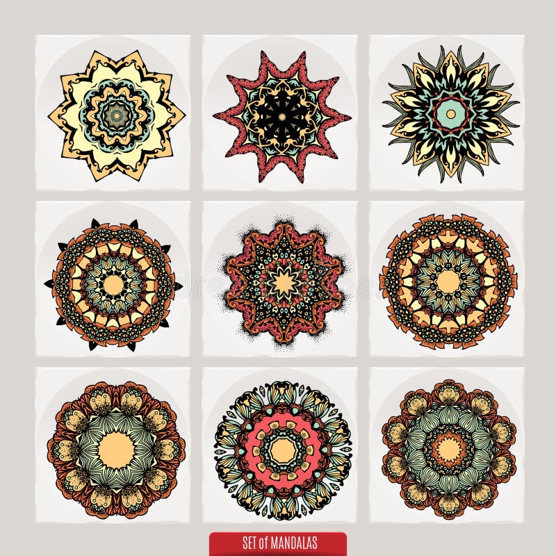 Insieme delle mandale Ornamenti rotondi decorativi modelli di terapia di Anti-sforzo Elementi di progettazione del tessuto Logos illustrazione vettoriale Insieme delle mandale Ornamenti rotondi decorativi modelli di terapia di Anti-sforzo Elementi di progettazione del tessuto Logos illustrazione vettoriale