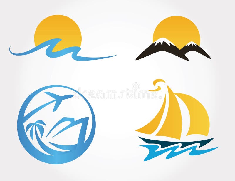 Insieme delle montagne delle icone di viaggio, onde, yacht illustrazione di stock Insieme delle montagne delle icone di viaggio, onde, yacht illustrazione di stock