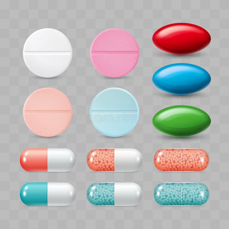 Insieme delle pillole variopinte Gruppo di colore di d farmaceutica realistica illustrazione vettoriale