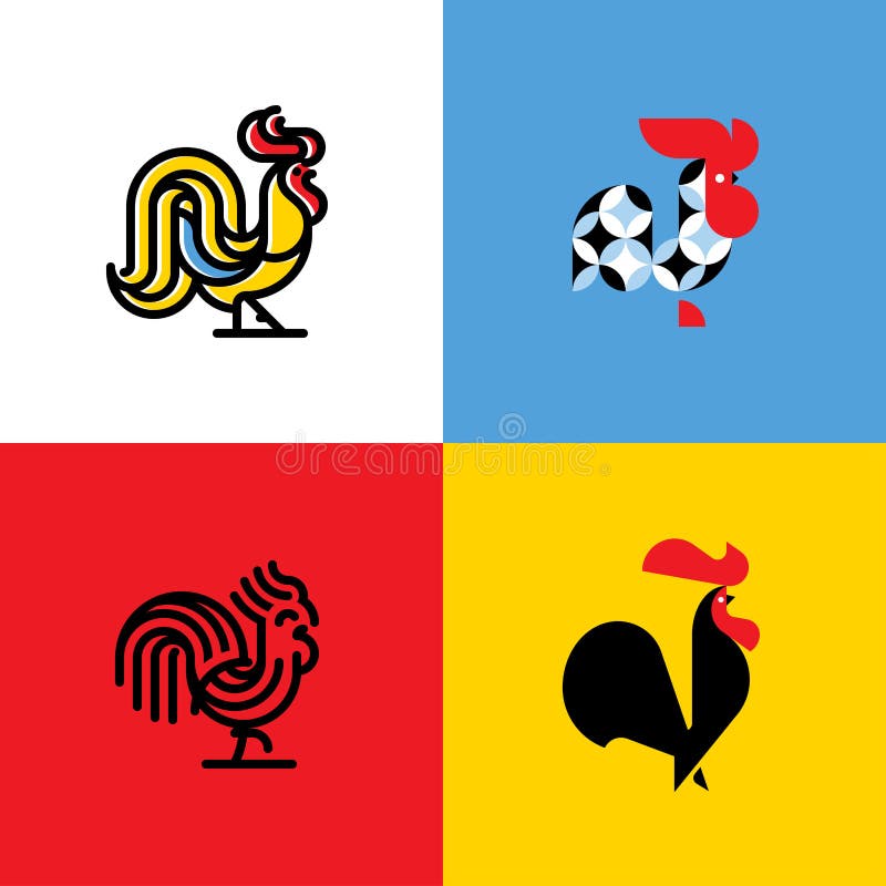 Insieme delle siluette del gallo Modelli piani moderni di logo di vettore royalty illustrazione gratis Insieme delle siluette del gallo Modelli piani moderni di logo di vettore royalty illustrazione gratis