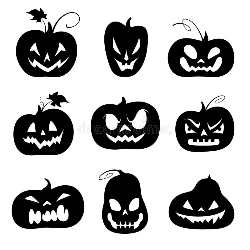 Insieme delle siluette nere delle zucche scolpite per Halloween illustrazione di stock Insieme delle siluette nere delle zucche scolpite per Halloween illustrazione di stock