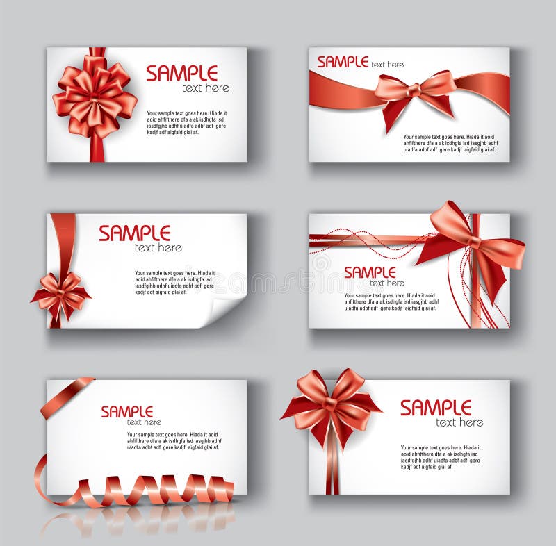 Insieme di belle carte con gli archi ed i nastri rossi del regalo. royalty illustrazione gratis Insieme di belle carte con gli archi ed i nastri rossi del regalo. royalty illustrazione gratis