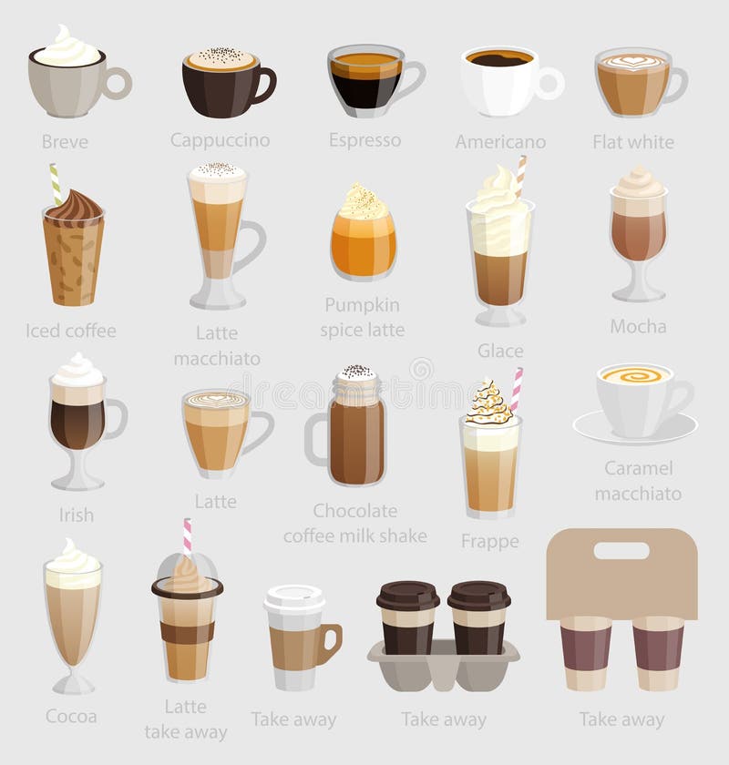 Insieme di caffè: cappuccino, latte, macchiato ed altro illustrazione di stock