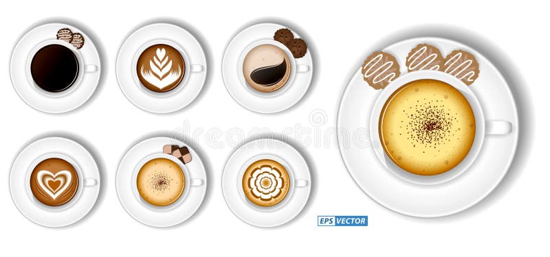 Insieme di cappuccino cappuccino cappuccino cappuccino isolato o assortimento di caffè sopra vista o concetto di bevande stamane c illustrazione vettoriale