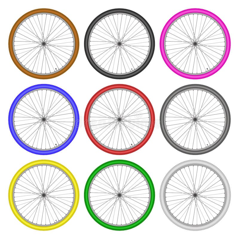 Insieme di colore differente delle ruote di bicicletta sul vettore bianco del fondo royalty illustrazione gratis Insieme di colore differente delle ruote di bicicletta sul vettore bianco del fondo royalty illustrazione gratis