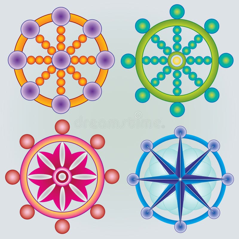 Insieme di Dharma Wheels - simbolo di buddismo - colori