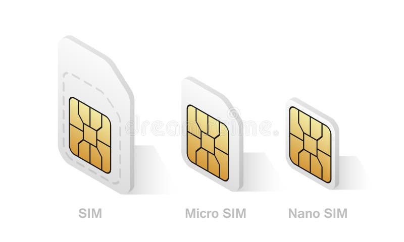 Insieme di diversi tipi di sim card in stile isometrico. scheda cellulare normale micro nano. illustrazione vettoriale