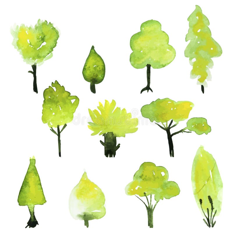 Insieme di Eco degli alberi di verde dell'acquerello Raccolta dell'albero della molla di vettore illustrazione di stock Insieme di Eco degli alberi di verde dell'acquerello Raccolta dell'albero della molla di vettore illustrazione di stock