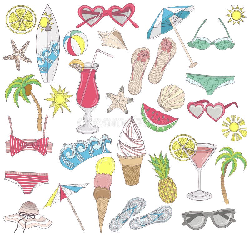 Insieme di elementi della spiaggia di estate. illustrazione di stock Insieme di elementi della spiaggia di estate. illustrazione di stock