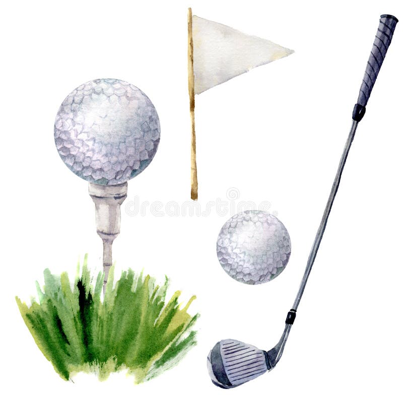 Insieme di elementi di golf dell'acquerello Golf l'illustrazione con il T, il club di golf, la palla da golf, il flagstick e l'er illustrazione di stock Insieme di elementi di golf dell'acquerello Golf l'illustrazione con il T, il club di golf, la palla da golf, il flagstick e l'er illustrazione di stock