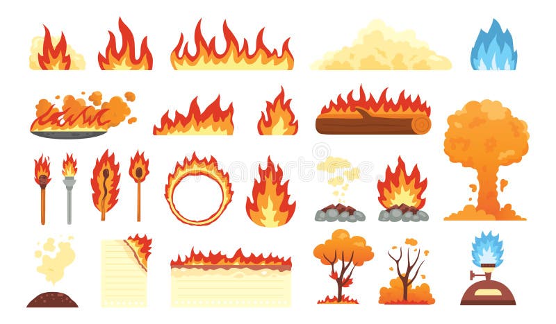 Insieme di elementi di infiammabilità a caldo. Raccolta vettoriale delle icone delle fiamma in stile vignetta. fiamma di foreste d royalty illustrazione gratis