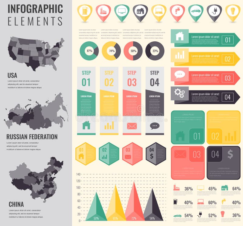 Infographic Elements Set with maps of the countries USA, China, Russian Federation. Business infographic with markers, charts and other elements. Vector illustration. Infographic Elements Set with maps of the countries USA, China, Russian Federation. Business infographic with markers, charts and other elements. Vector illustration