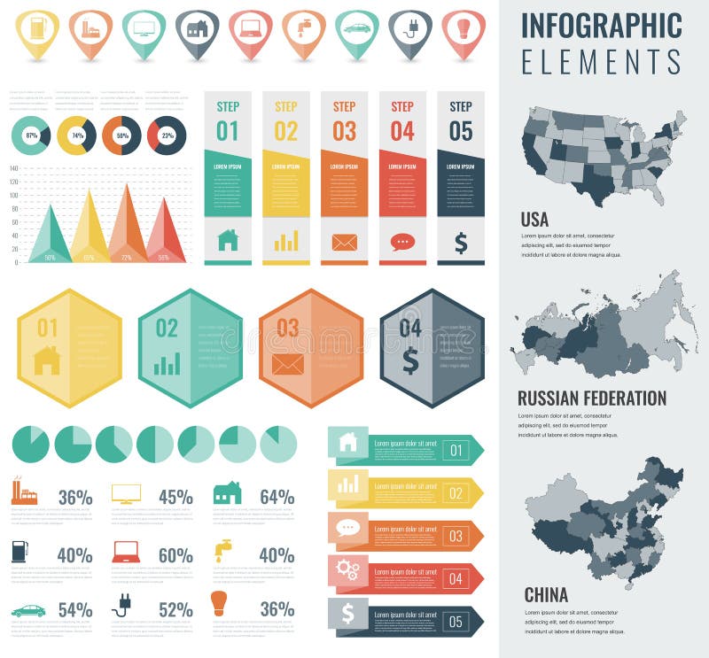 Infographic Elements Set with maps of the countries USA, China, Russian Federation. Business infographic with markers, charts and other elements. Vector illustration. Infographic Elements Set with maps of the countries USA, China, Russian Federation. Business infographic with markers, charts and other elements. Vector illustration