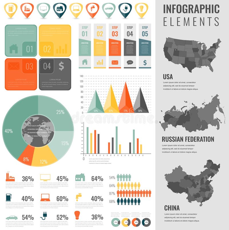 Infographic Elements Set with maps of the countries USA, China, Russian Federation. Business infographic with markers, charts and other elements. Vector illustration. Infographic Elements Set with maps of the countries USA, China, Russian Federation. Business infographic with markers, charts and other elements. Vector illustration