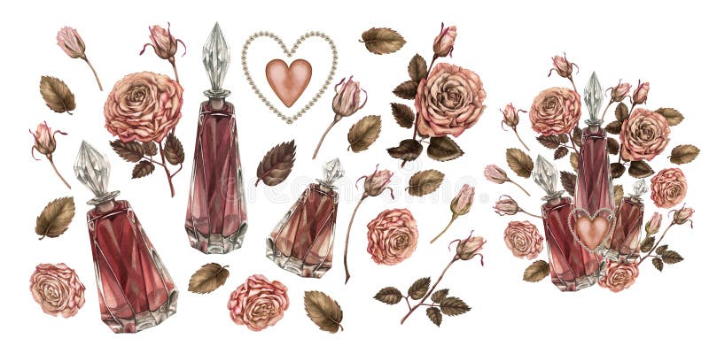 Insieme di elementi per la composizione acquosa con cuore di perla profumi rose in mousse color marrone rosa. illustrazione vettoriale