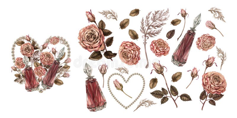 Insieme di elementi per la composizione acquosa con cuore di perla profumi rose in mousse color marrone rosa. illustrazione di stock