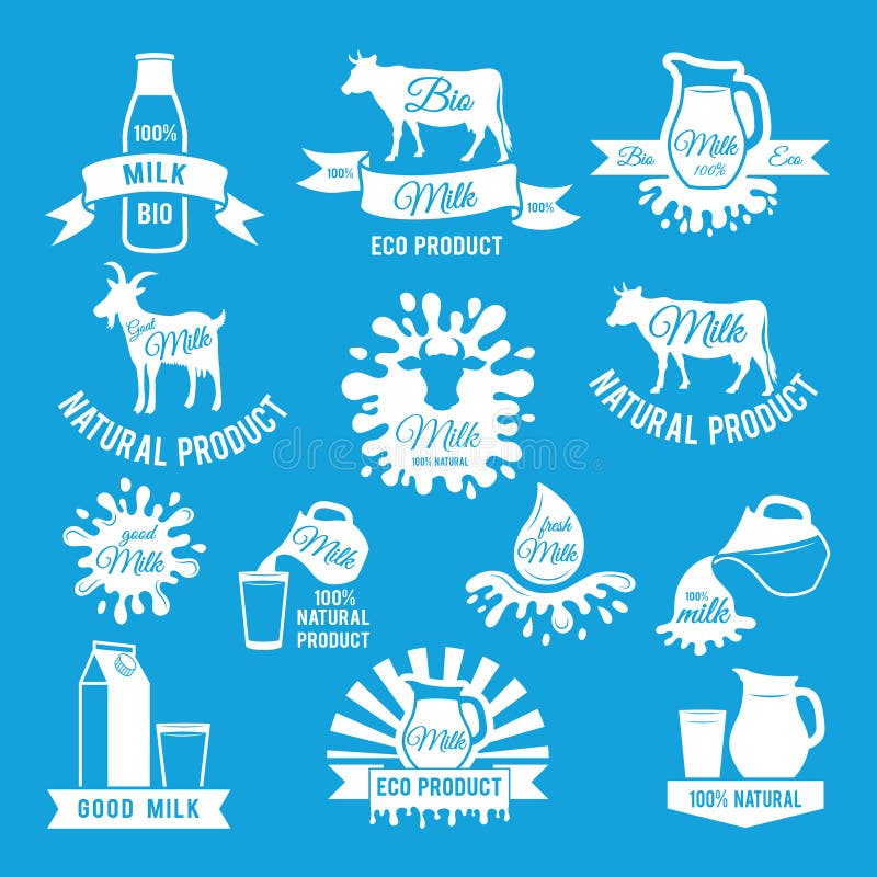 Insieme di etichette di latte fresco Illustrazioni di vettore per progettazione di logo dell'azienda agricola illustrazione di stock