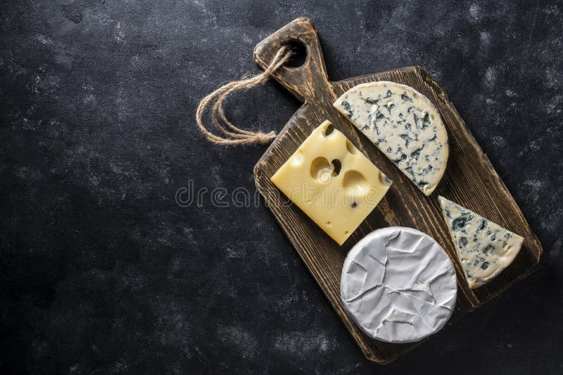 Insieme di formaggi diversi su tavolette di legno su uno spazio di chiusura in alto di fondo nero. Vari tipi di formaggio fotografia stock libera da diritti