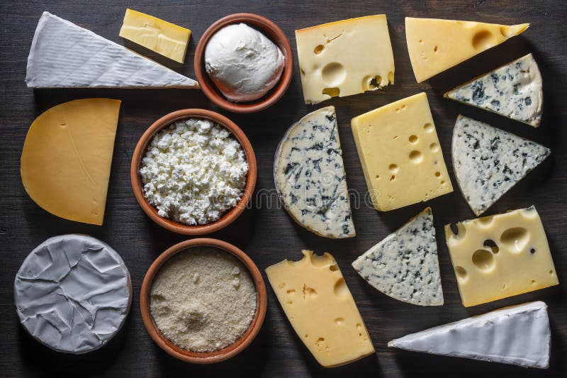 Insieme di formaggi diversi sulla vista superiore di chiusura di fondo in legno. Vari tipi di formaggio immagini stock