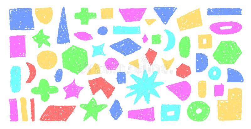 Insieme di forme di base geometriche astratte disegnate con pastello o carbone colorato. Raccolta di fotogrammi di pittura disegna royalty illustrazione gratis