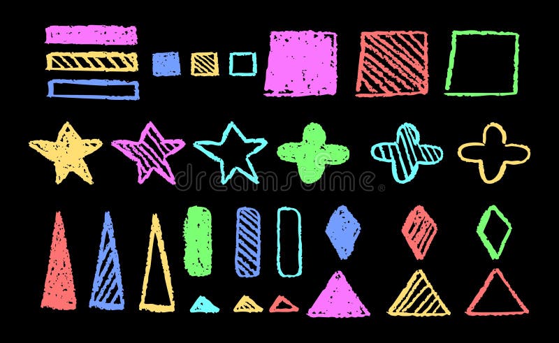 Insieme di forme di base geometriche astratte disegnate con pastello o carbone colorato. Triangolo stella di vernice trafilata a m illustrazione di stock