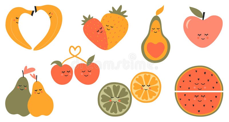 Insieme di frutti carini raccolta di frutti d'amore per l'anguria di mele di San Valentino di ciliegia di ciliegia illustrazione di stock