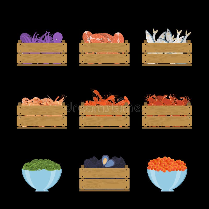 Insieme di frutti di mare in casse illustrazione di stock Insieme di frutti di mare in casse illustrazione di stock