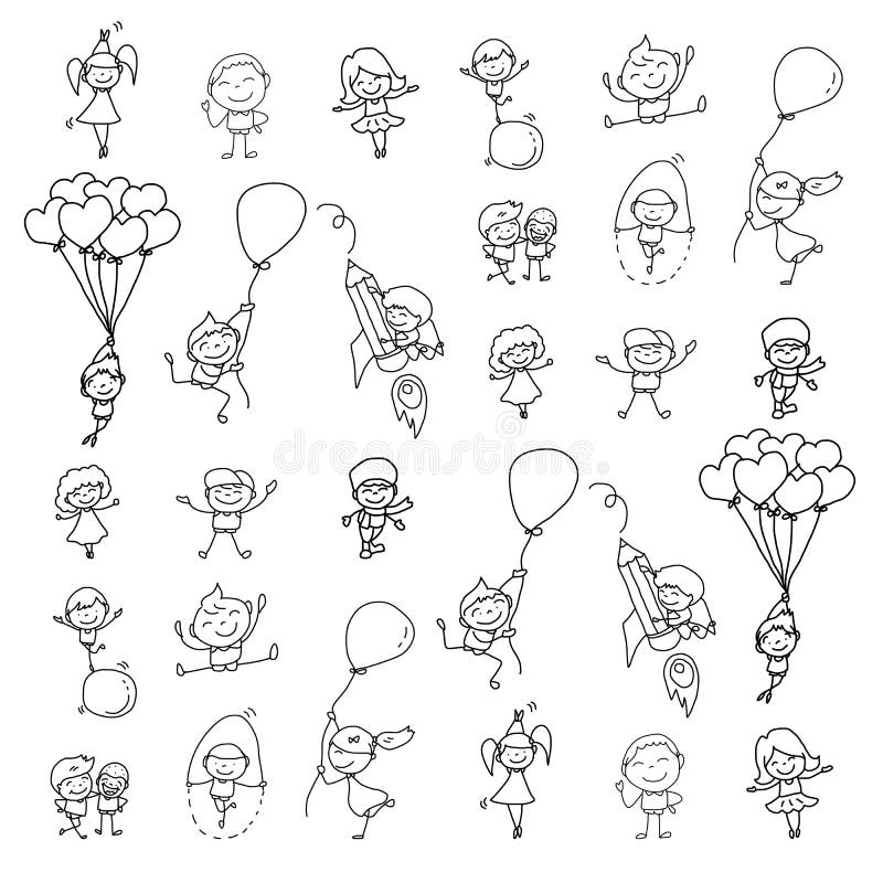 Insieme di gioco felice dei bambini del fumetto del disegno della mano illustrazione vettoriale Insieme di gioco felice dei bambini del fumetto del disegno della mano illustrazione vettoriale
