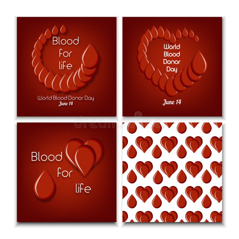 Insieme di giorno di donazione di sangue del mondo dei modelli del manifesto e del modello senza cuciture con le gocce ed il cuor illustrazione vettoriale Insieme di giorno di donazione di sangue del mondo dei modelli del manifesto e del modello senza cuciture con le gocce ed il cuor illustrazione vettoriale