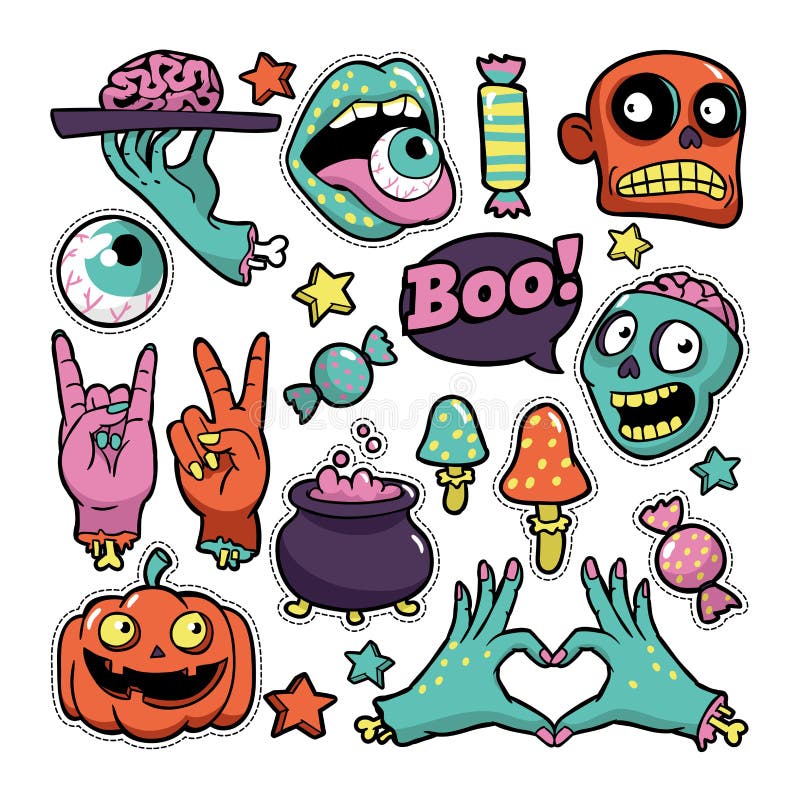 Insieme di Halloween delle toppe nello stile comico del fumetto illustrazione di stock Insieme di Halloween delle toppe nello stile comico del fumetto illustrazione di stock