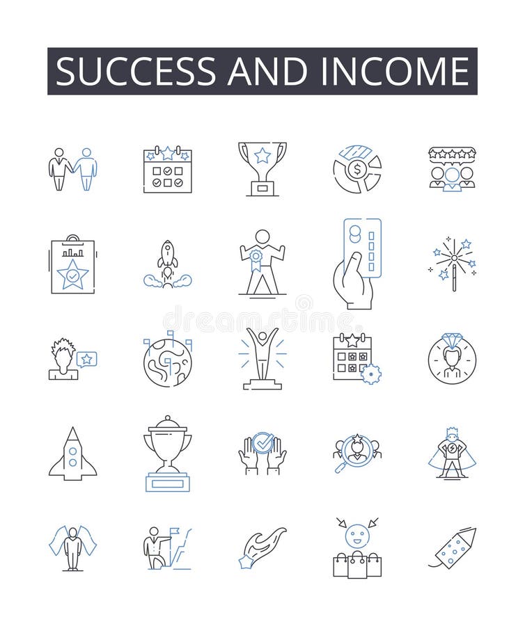Insieme di icone delle linee di reddito e di successo. il successo della prosperità ottiene la vittoria dell'abbondanza di fortuna royalty illustrazione gratis