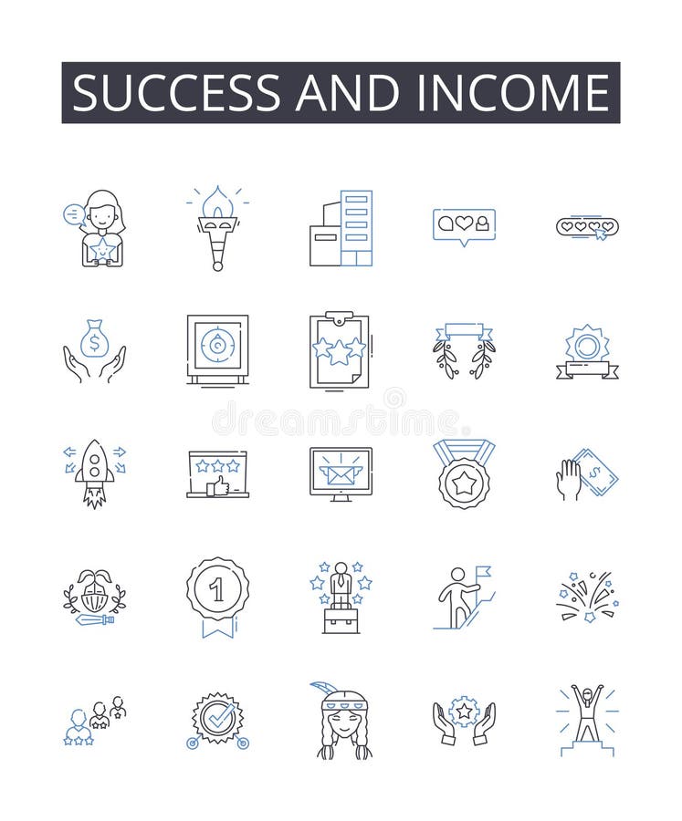 Insieme di icone delle linee di reddito e di successo. il successo della prosperità ottiene la vittoria dell'abbondanza di fortuna illustrazione vettoriale