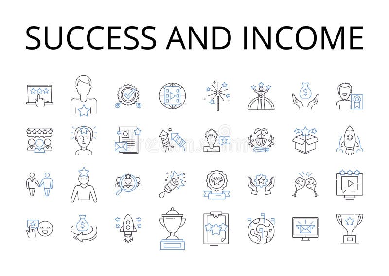 Insieme di icone delle linee di reddito e di successo. il successo della prosperità ottiene la vittoria dell'abbondanza di fortuna illustrazione di stock