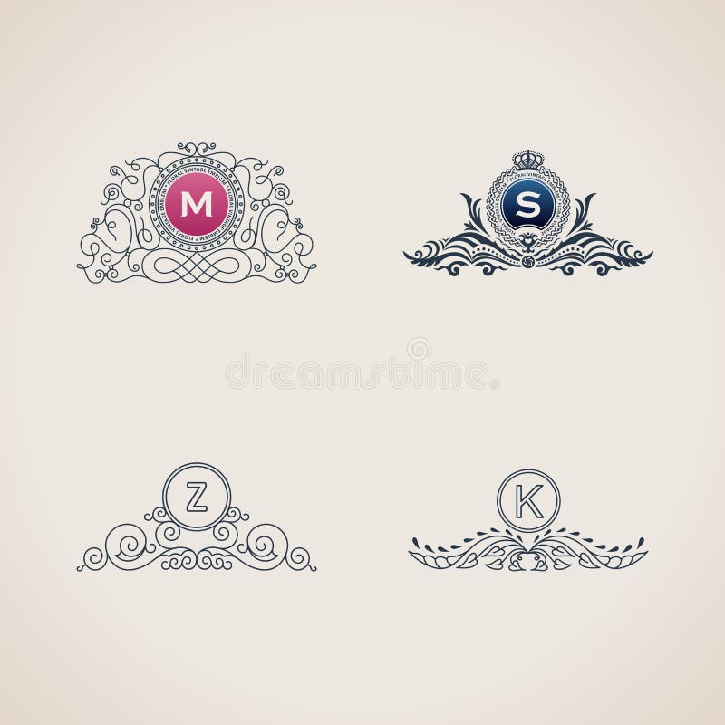 Insieme di lusso del monogramma di flourishes calligrafici Linea logo del modello della struttura per l'emblema elegante royalty illustrazione gratis Insieme di lusso del monogramma di flourishes calligrafici Linea logo del modello della struttura per l'emblema elegante royalty illustrazione gratis