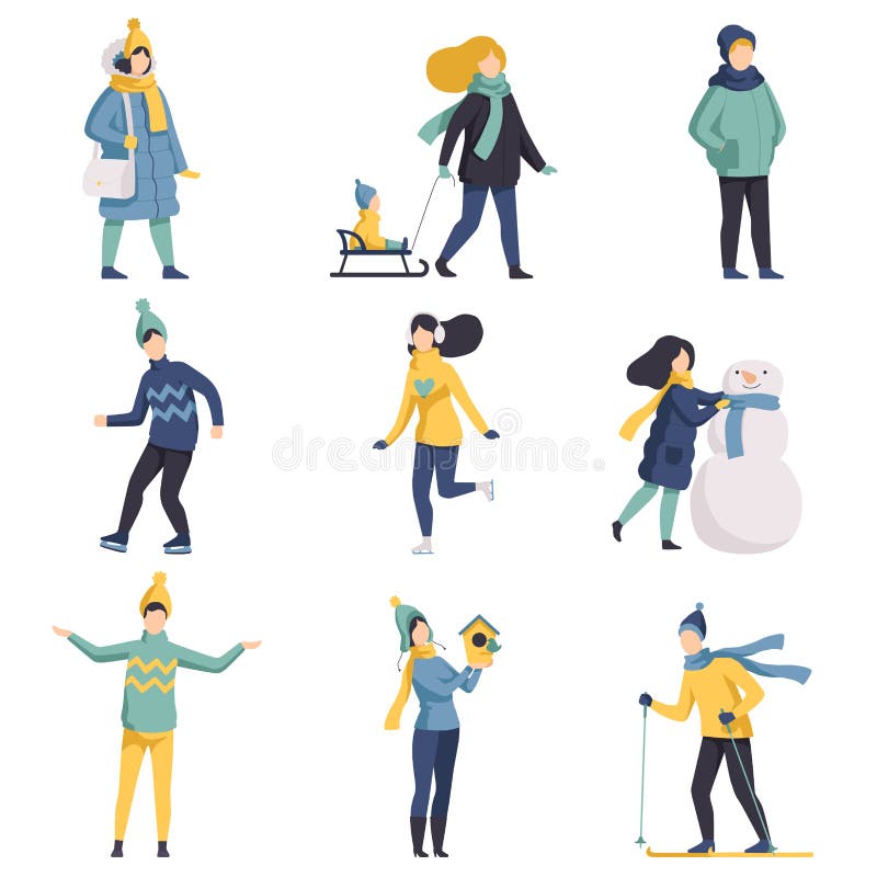 Insieme di orario invernale, la gente vestita in tuta sportiva che cammina, corsa con gli sci, pattinaggio su ghiaccio, facente l royalty illustrazione gratis Insieme di orario invernale, la gente vestita in tuta sportiva che cammina, corsa con gli sci, pattinaggio su ghiaccio, facente l royalty illustrazione gratis