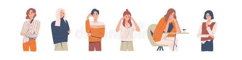 Insieme di persone ponderate illustrazioni vettoriali. collezione di diversi pensieri o decisioni di uomini e donne illustrazione di stock
