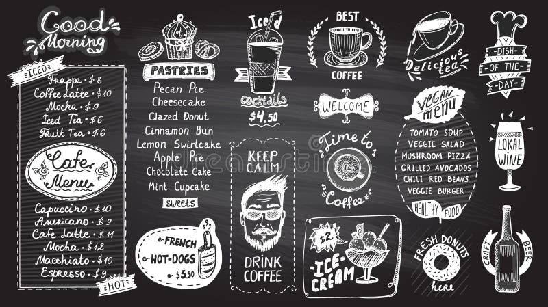 Insieme di progettazione della lavagna del menu del caffè, simboli disegnati a mano della linea illustrazione del grafico con le illustrazione di stock Insieme di progettazione della lavagna del menu del caffè, simboli disegnati a mano della linea illustrazione del grafico con le illustrazione di stock