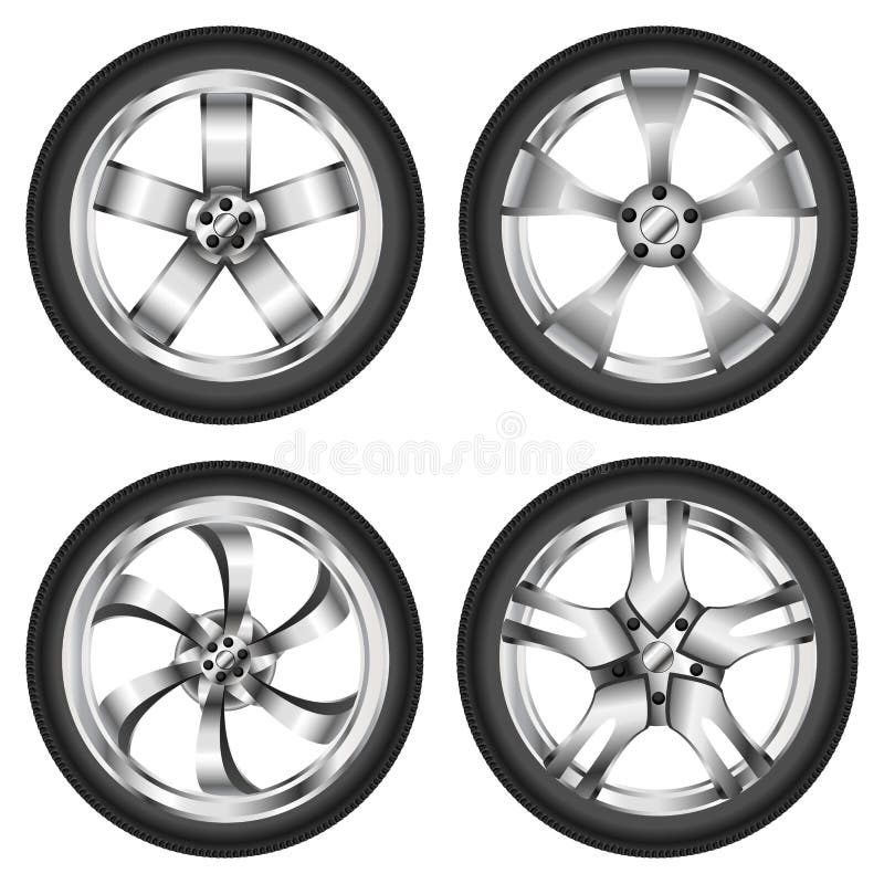 Realistic car wheel set with different rims. Realistic car wheel set with different rims