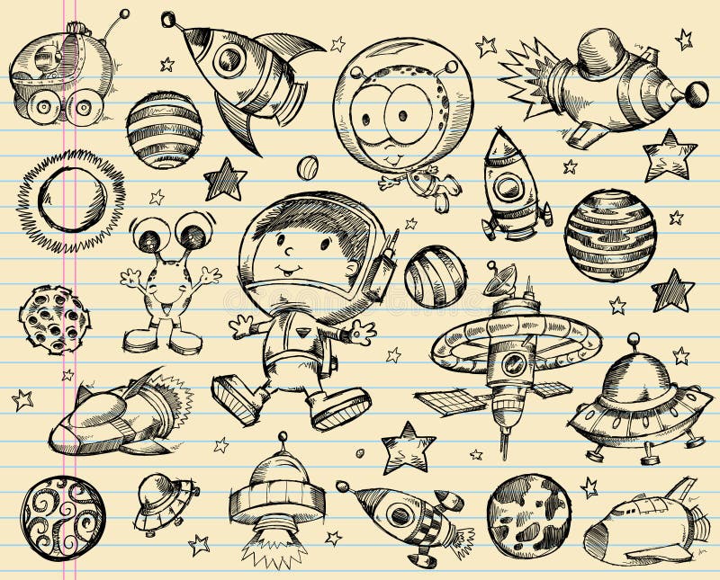 Insieme di schizzo di Doodle dello spazio cosmico royalty illustrazione gratis Insieme di schizzo di Doodle dello spazio cosmico royalty illustrazione gratis