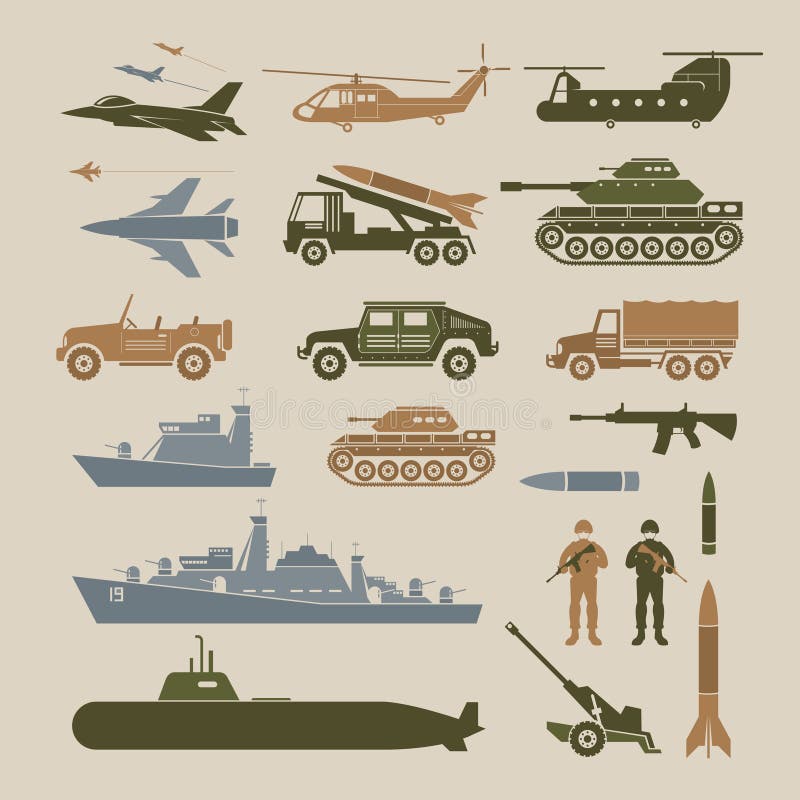 Insieme di simboli dell'oggetto dei veicoli militari, vista laterale illustrazione di stock Insieme di simboli dell'oggetto dei veicoli militari, vista laterale illustrazione di stock