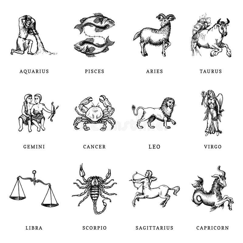 Insieme di simboli dello zodiaco, disegnato a mano nell'incisione dello stile Illustrazione del grafico di vettore retro dei segn illustrazione di stock