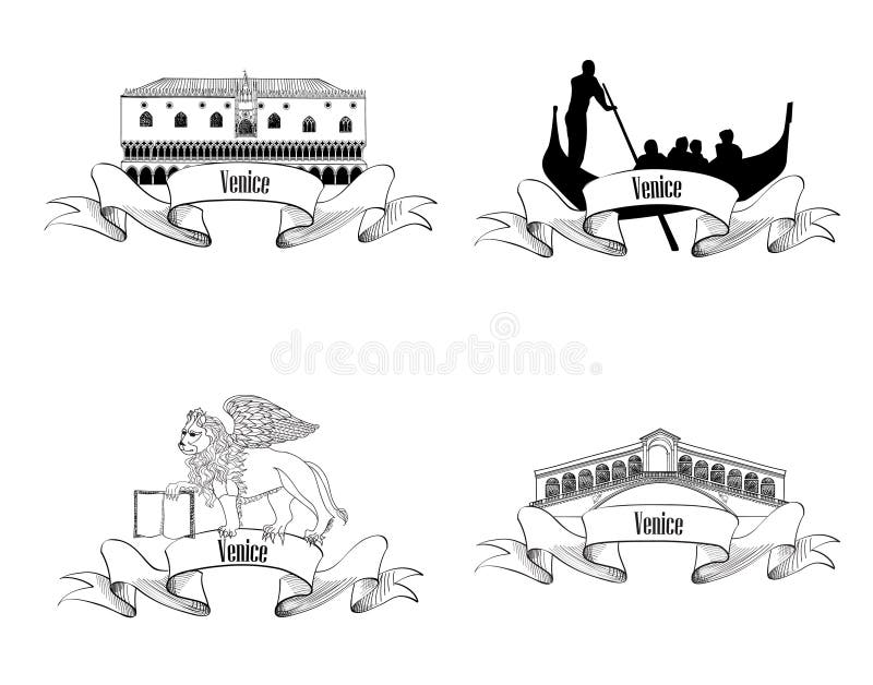 Insieme di simboli di Venezia Insieme di etichetta dell'Italia di viaggio illustrazione di stock Insieme di simboli di Venezia Insieme di etichetta dell'Italia di viaggio illustrazione di stock
