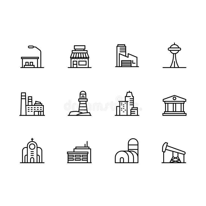 Insieme di simboli moderno dell'icona della costruzione della città Contiene il caffè dell'icona, la fabbrica industriale, il mus illustrazione vettoriale Insieme di simboli moderno dell'icona della costruzione della città Contiene il caffè dell'icona, la fabbrica industriale, il mus illustrazione vettoriale