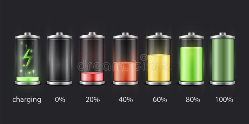 Insieme di stato della carica della batteria, immagine dell'indicatore dell'accumulatore illustrazione di stock Insieme di stato della carica della batteria, immagine dell'indicatore dell'accumulatore illustrazione di stock