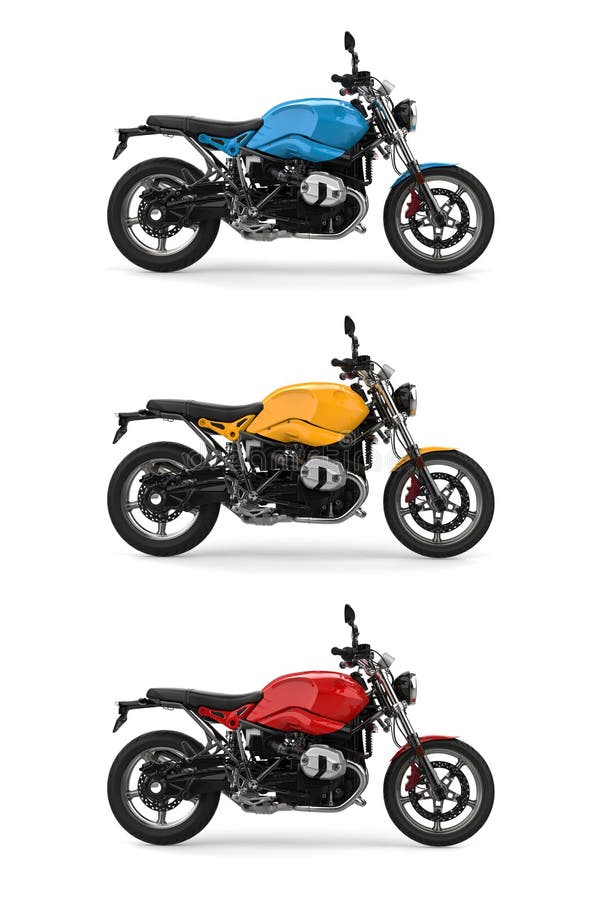 Insieme di tre motocicli veloci freddi con vista laterale di colore primario rosso blu e giallo illustrazione di stock
