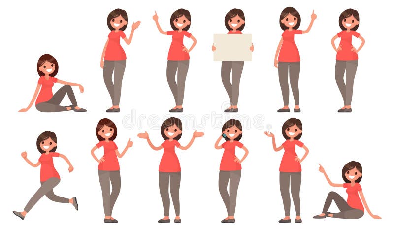 Insieme di una donna in abbigliamento casual nelle pose differenti Un carattere illustrazione di stock Insieme di una donna in abbigliamento casual nelle pose differenti Un carattere illustrazione di stock