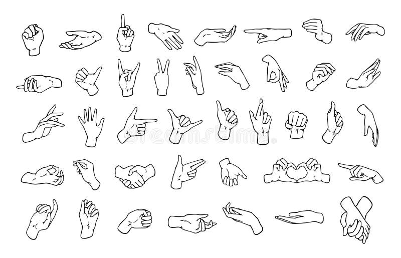 Insieme di vari gesti, dei simboli indicati con la palma e delle dita di mano estratte con le linee di contorno nere su fondo bia illustrazione vettoriale