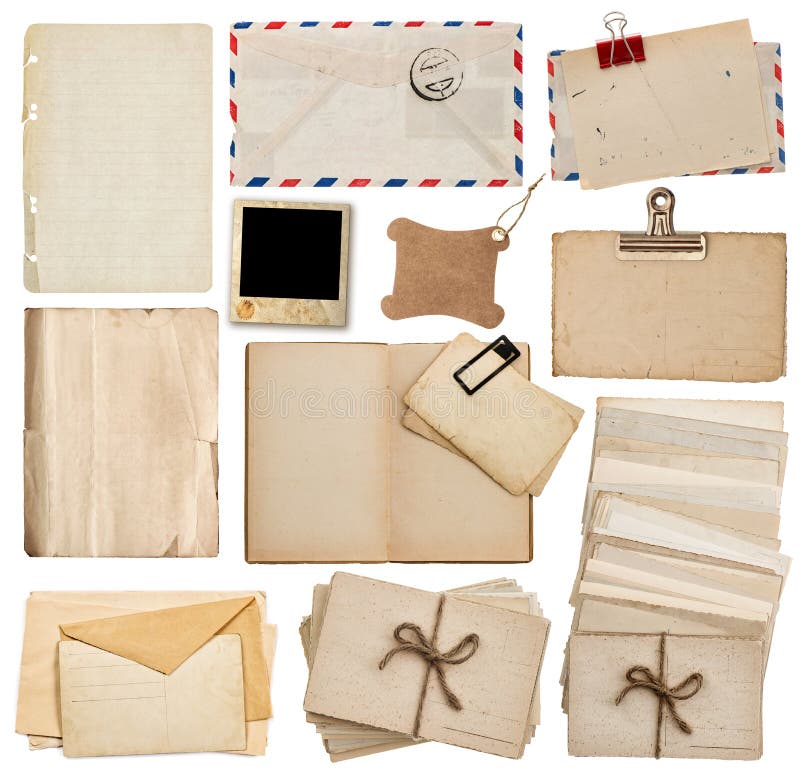 Insieme di vecchi strati di carta, libro, busta, cartoline immagini stock libere da diritti Insieme di vecchi strati di carta, libro, busta, cartoline immagini stock libere da diritti